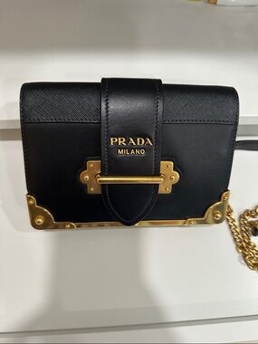 Prada Cahier small Black Leather Crossbody with Gold Hardware Accent
